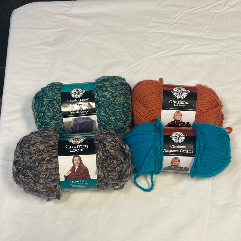 Loops & Threads, Loom and Charisma Yarn,lot of 4- Blue, Orange, grey